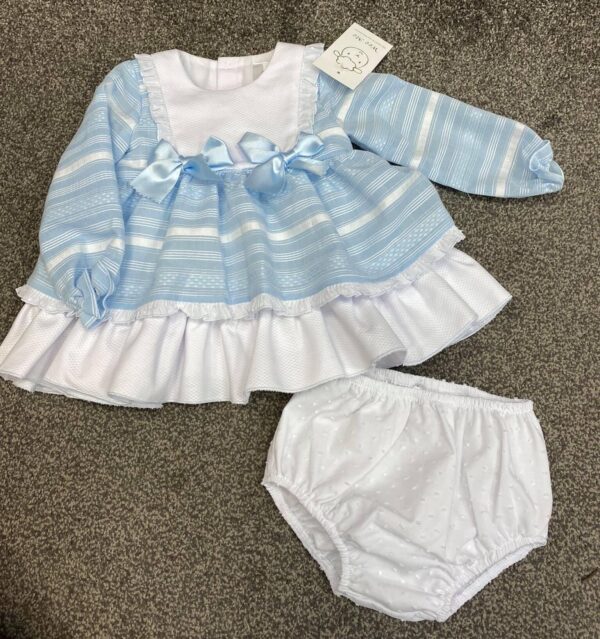 wee me pale blue and white bow dress with matching knickers