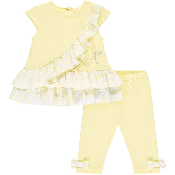 Due in soon - 2 piece jersey legging set features stripe seersucker frills on tunic top and matching bows on leggings
